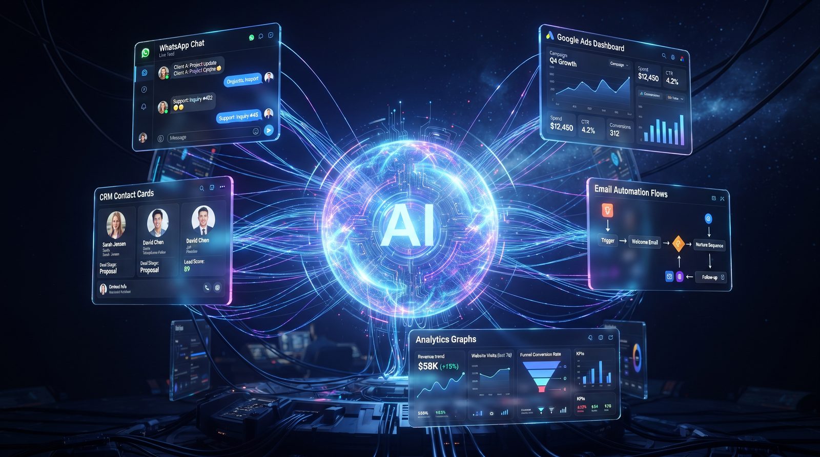 AI marketing ecosystem connecting WhatsApp, Google Ads, CRM and analytics