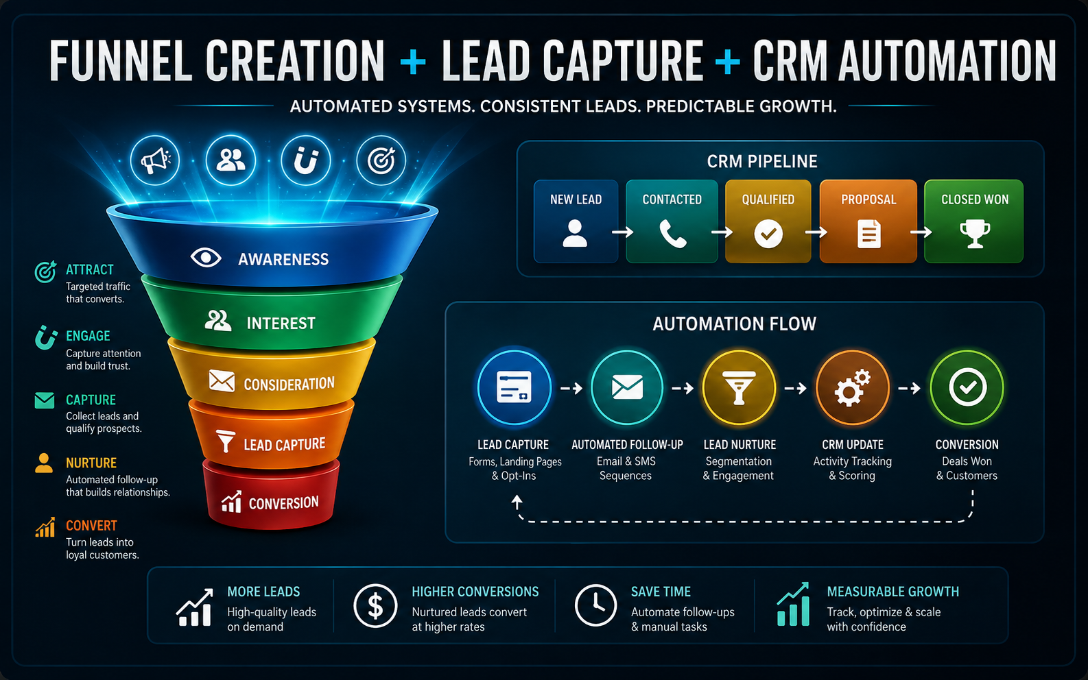 Customer acquisition funnel with lead capture and CRM follow-up